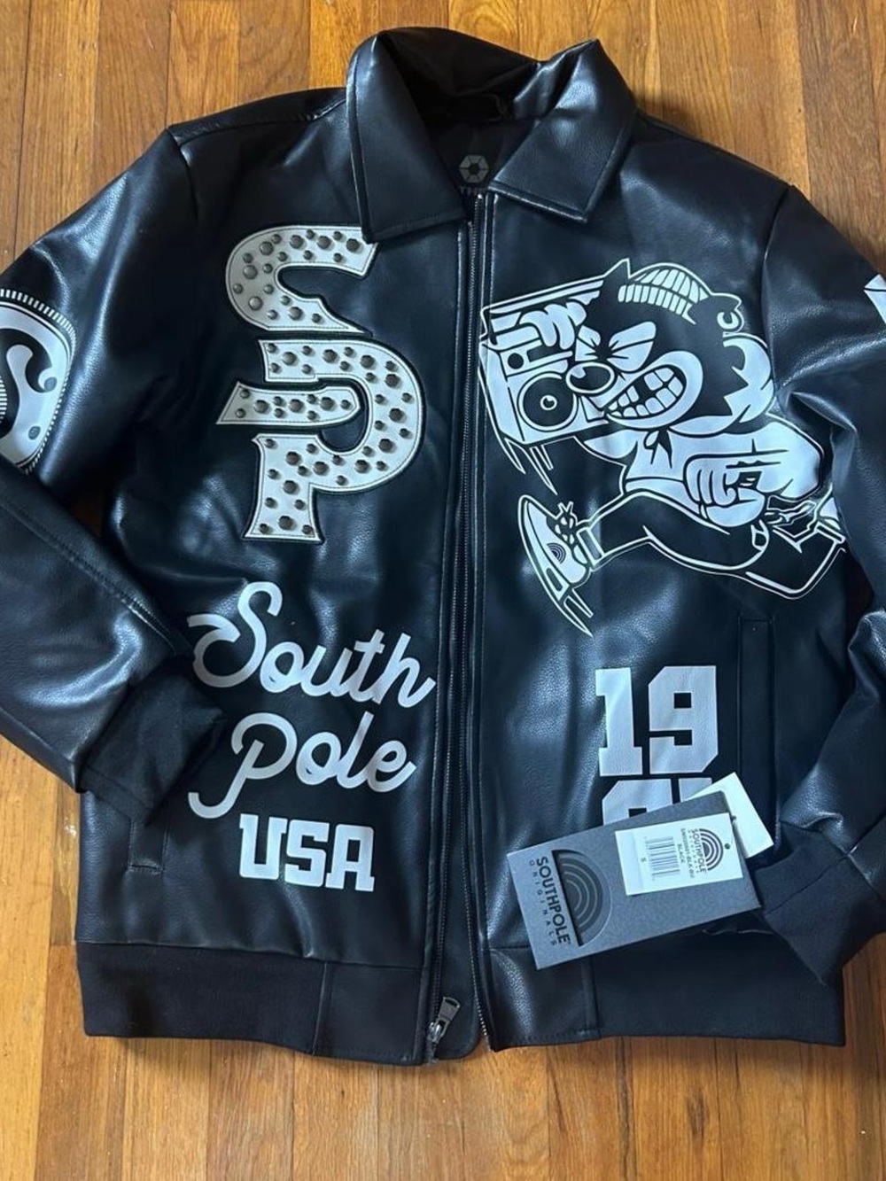 South Pole Black Bomber Jacket with White Graphic Prints